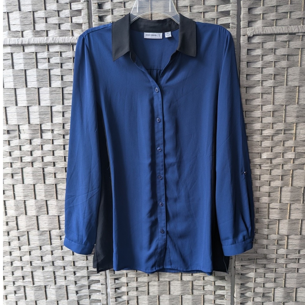 Susan Graver Button Down Shirt Blue Black Colorblock Sz 10 Chic Classic Office